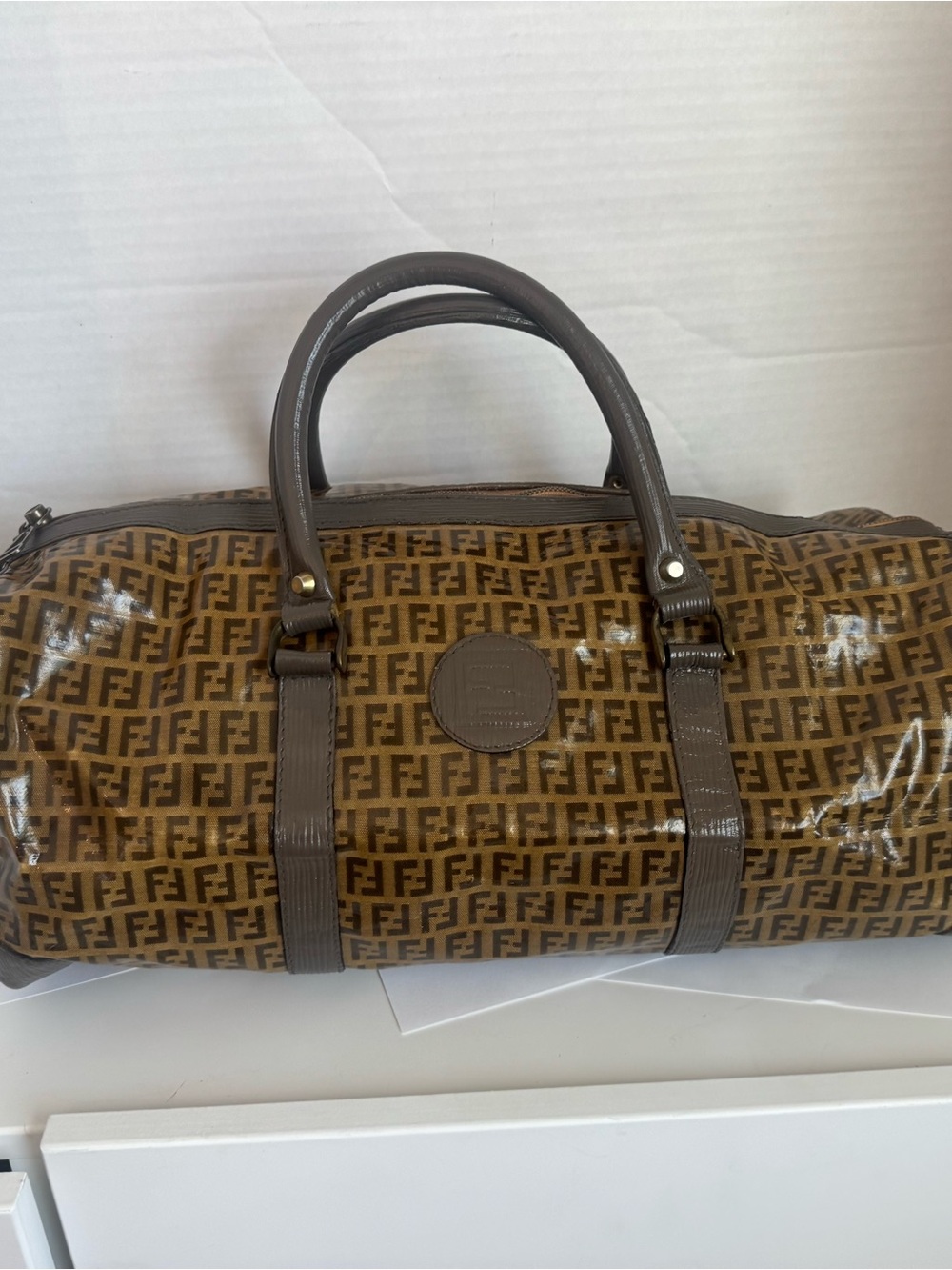 SOLD: Authentic Fendi Zucca Boston Bag Purse Brown FF Monogram Canvas Duffle - Picture 14 of 15